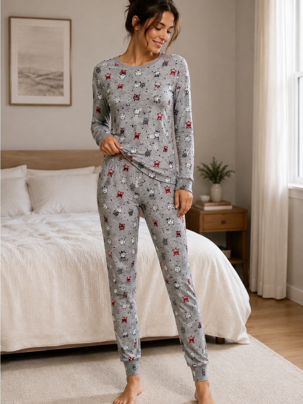 ARDENE - Ultra Soft - Cozy Grey Printed Long-Sleeve Pajama Set